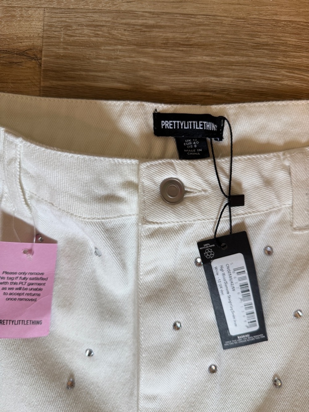 NWT PrettyLittleThing White High Waist Hotfix Straight Leg Denim Jeans - Picture 7 of 8
